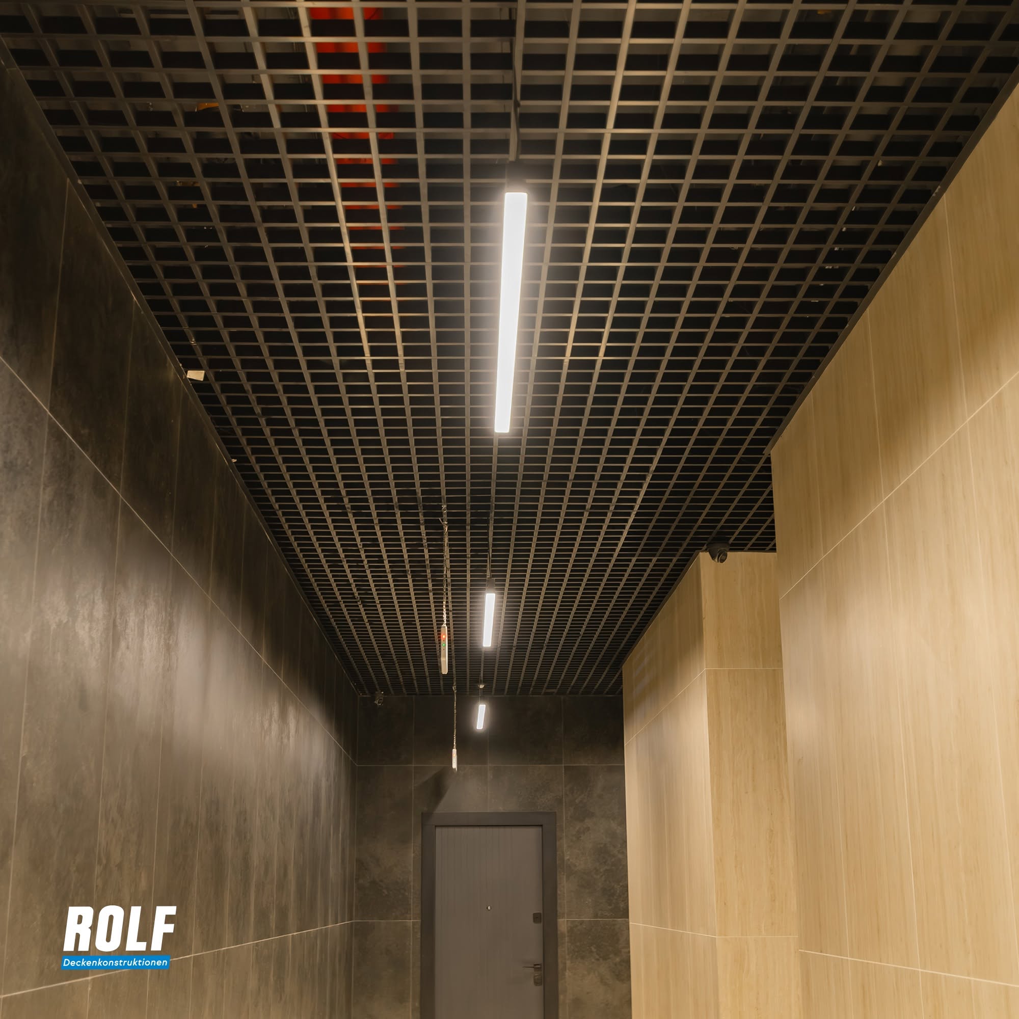 Modern interior with geometric design.