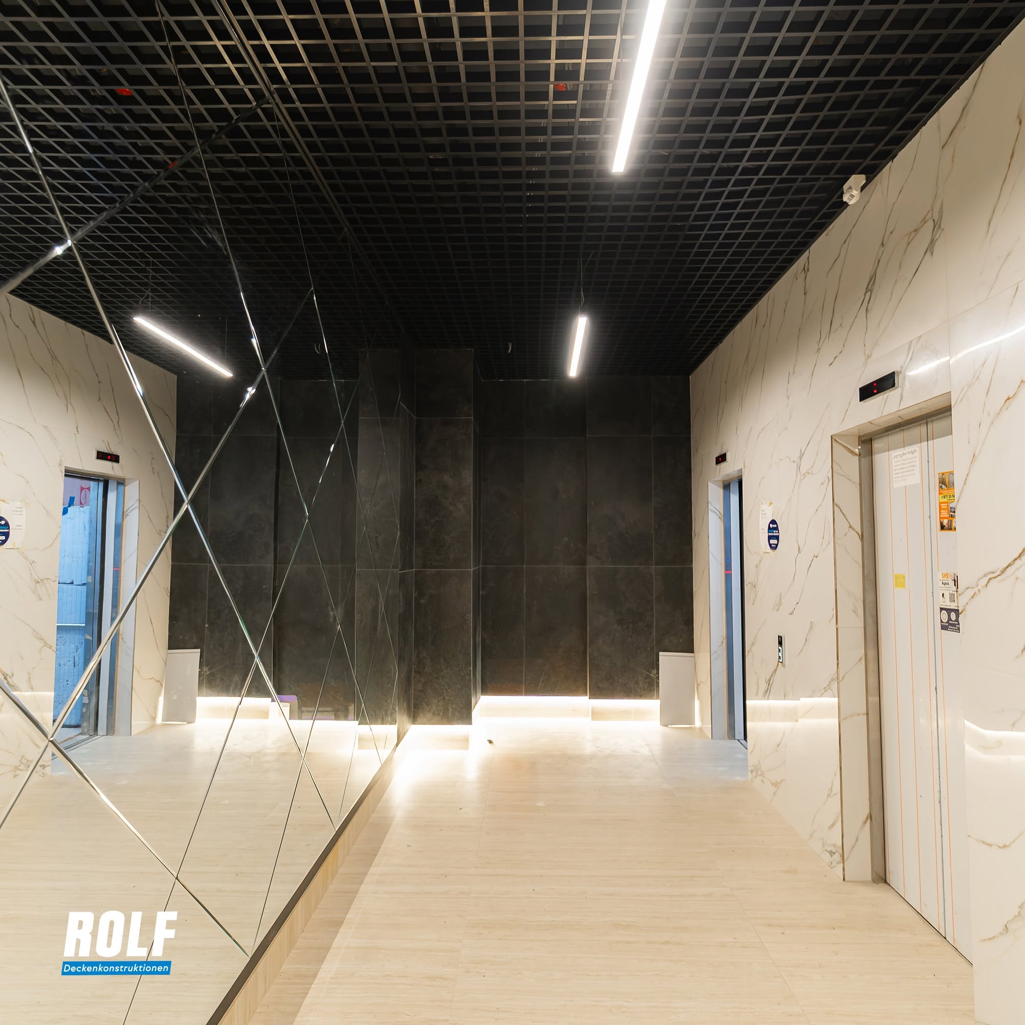 Modern hallway with contrasting textures.