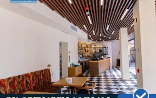ROLF baffle wood pattern ceiling at cafe at friends