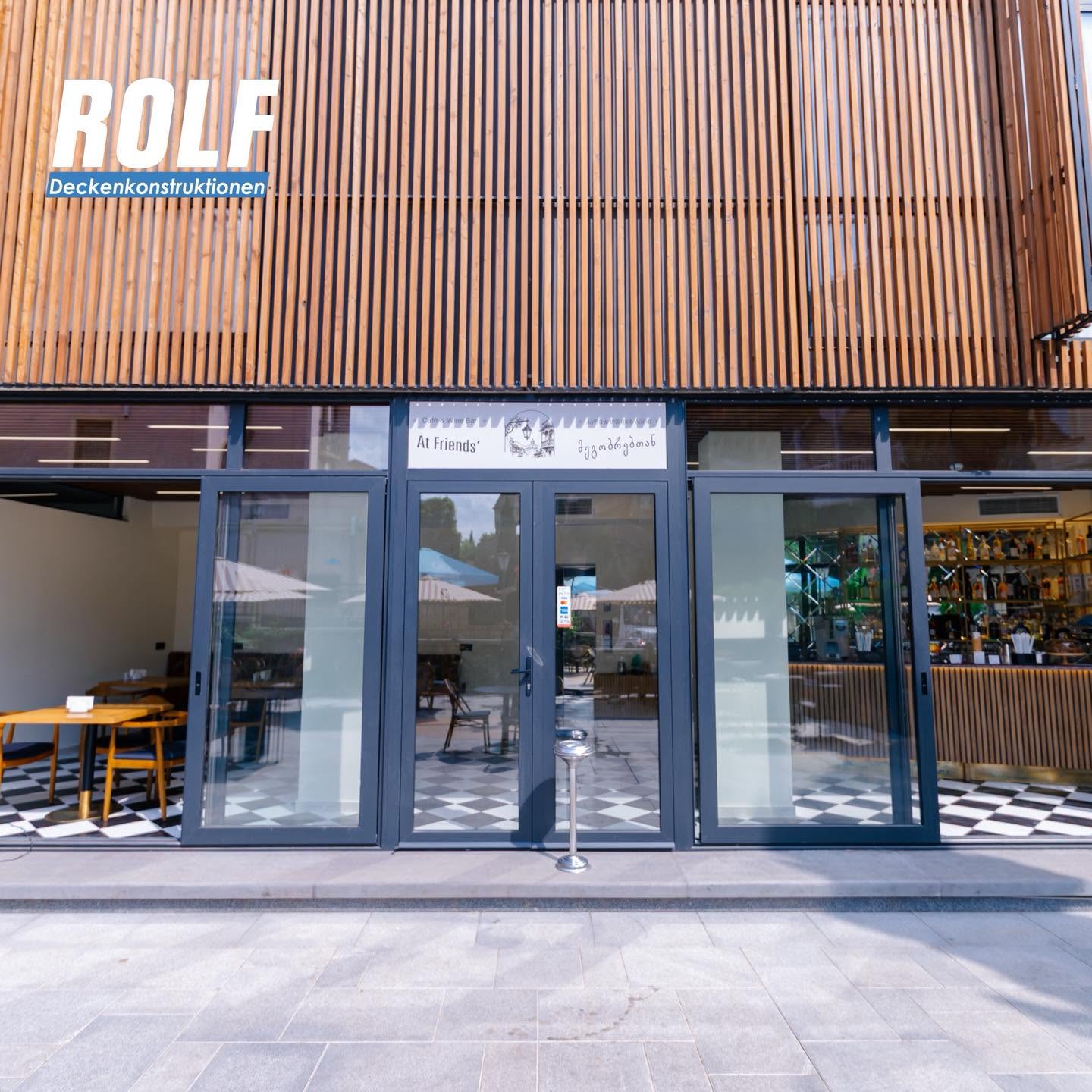 ROLF baffle wood pattern ceiling at cafe at friends
