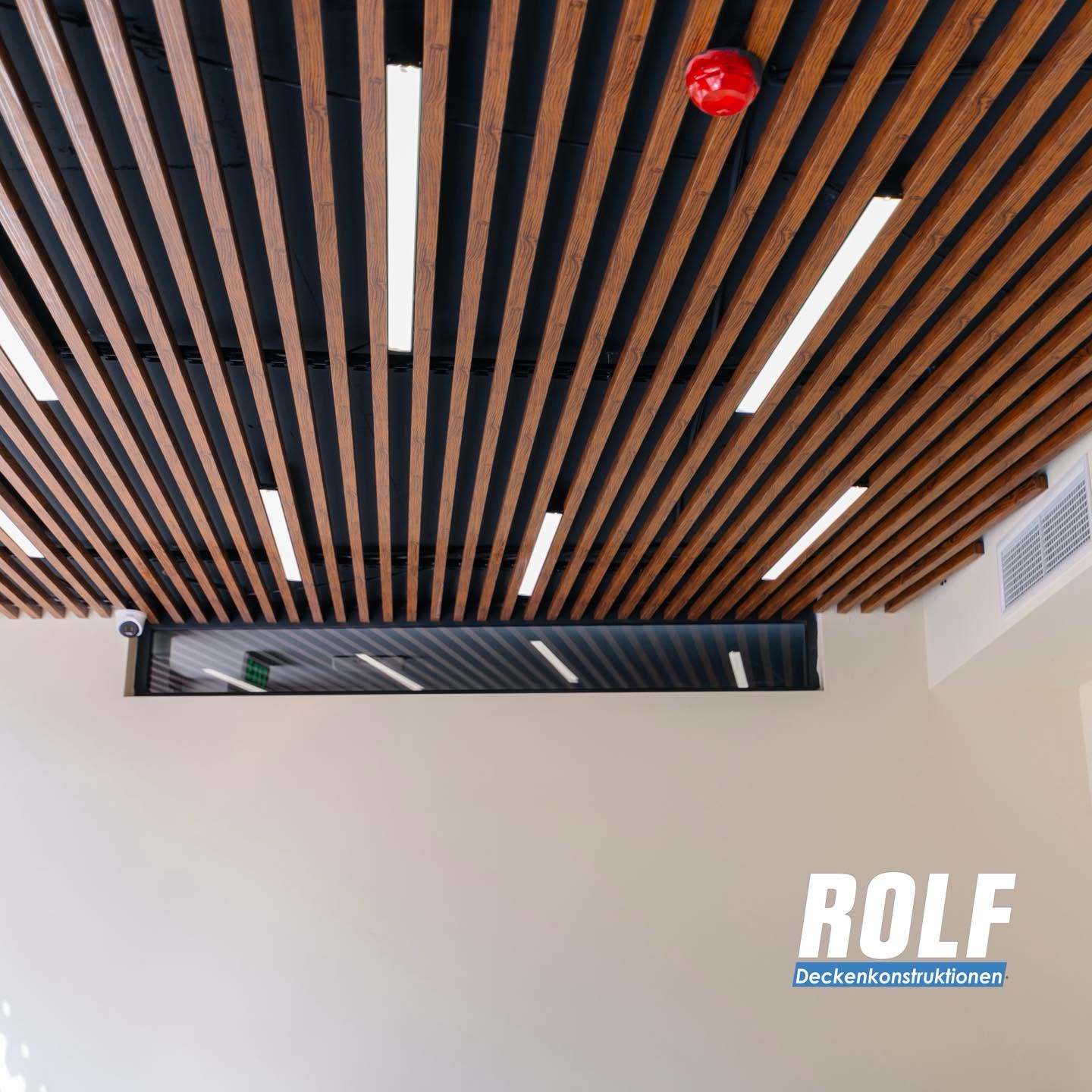ROLF baffle wood pattern ceiling at cafe at friends