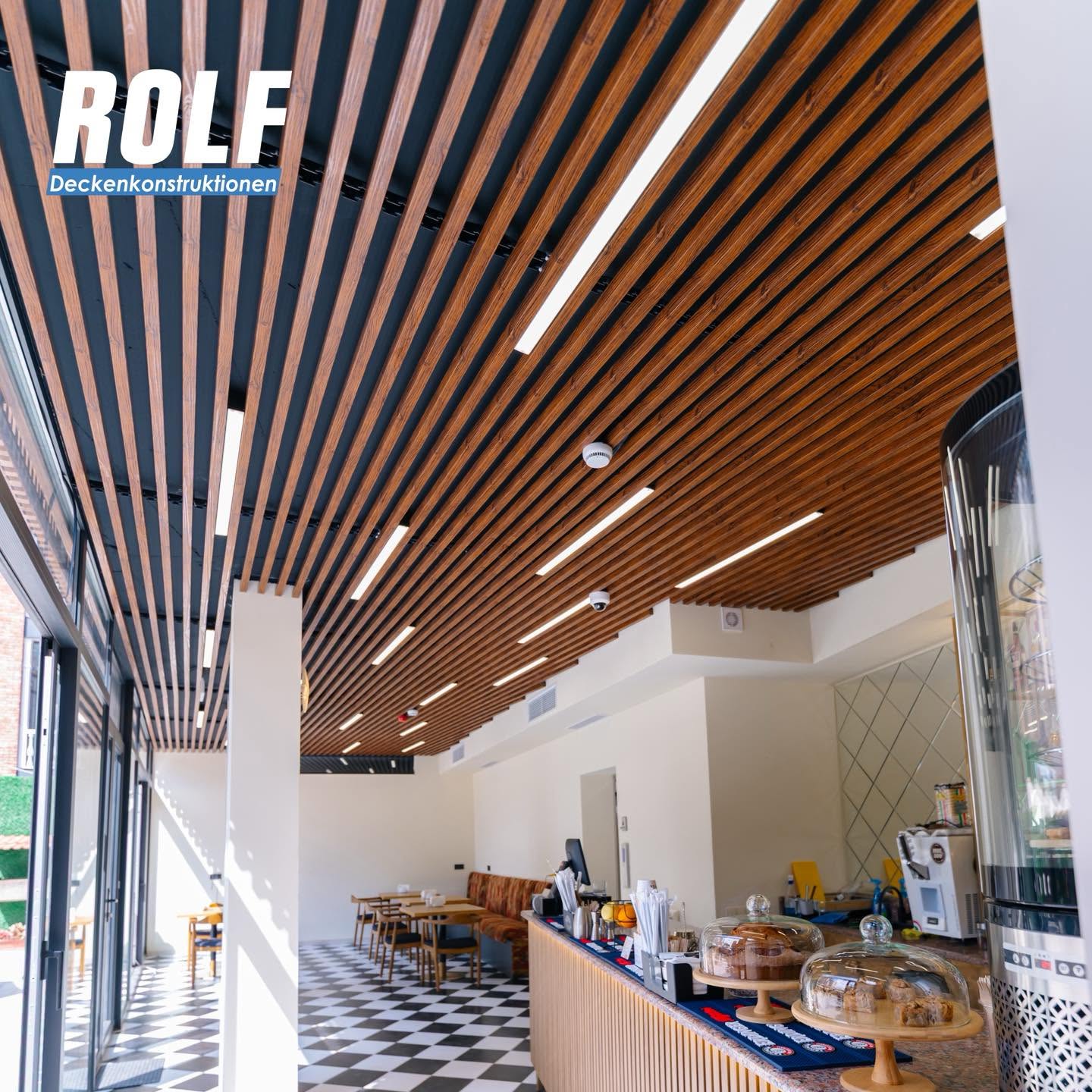 ROLF baffle wood pattern ceiling at cafe at friends
