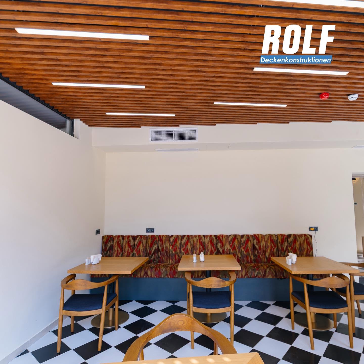 ROLF baffle wood pattern ceiling at cafe at friends