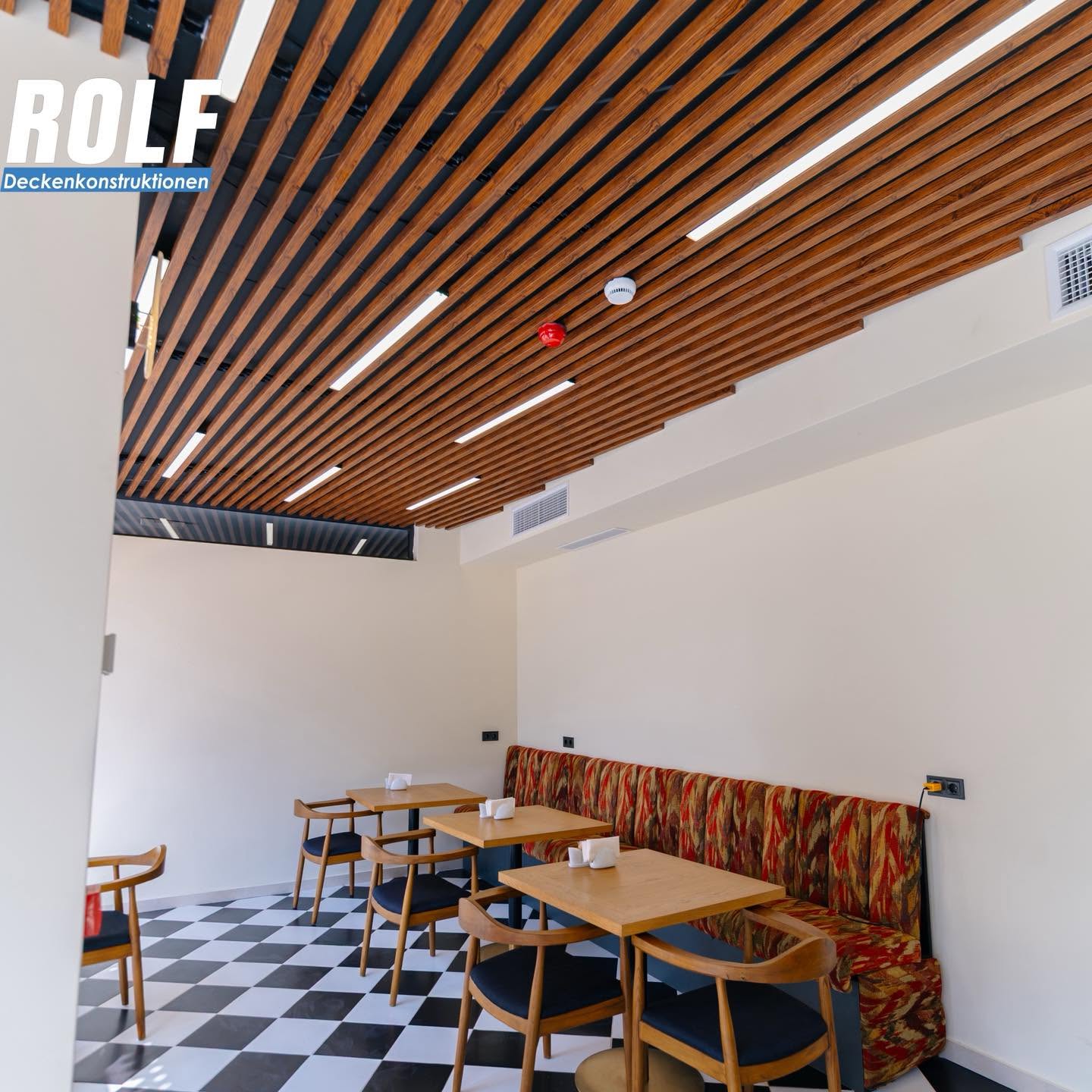 ROLF baffle wood pattern ceiling at cafe at friends