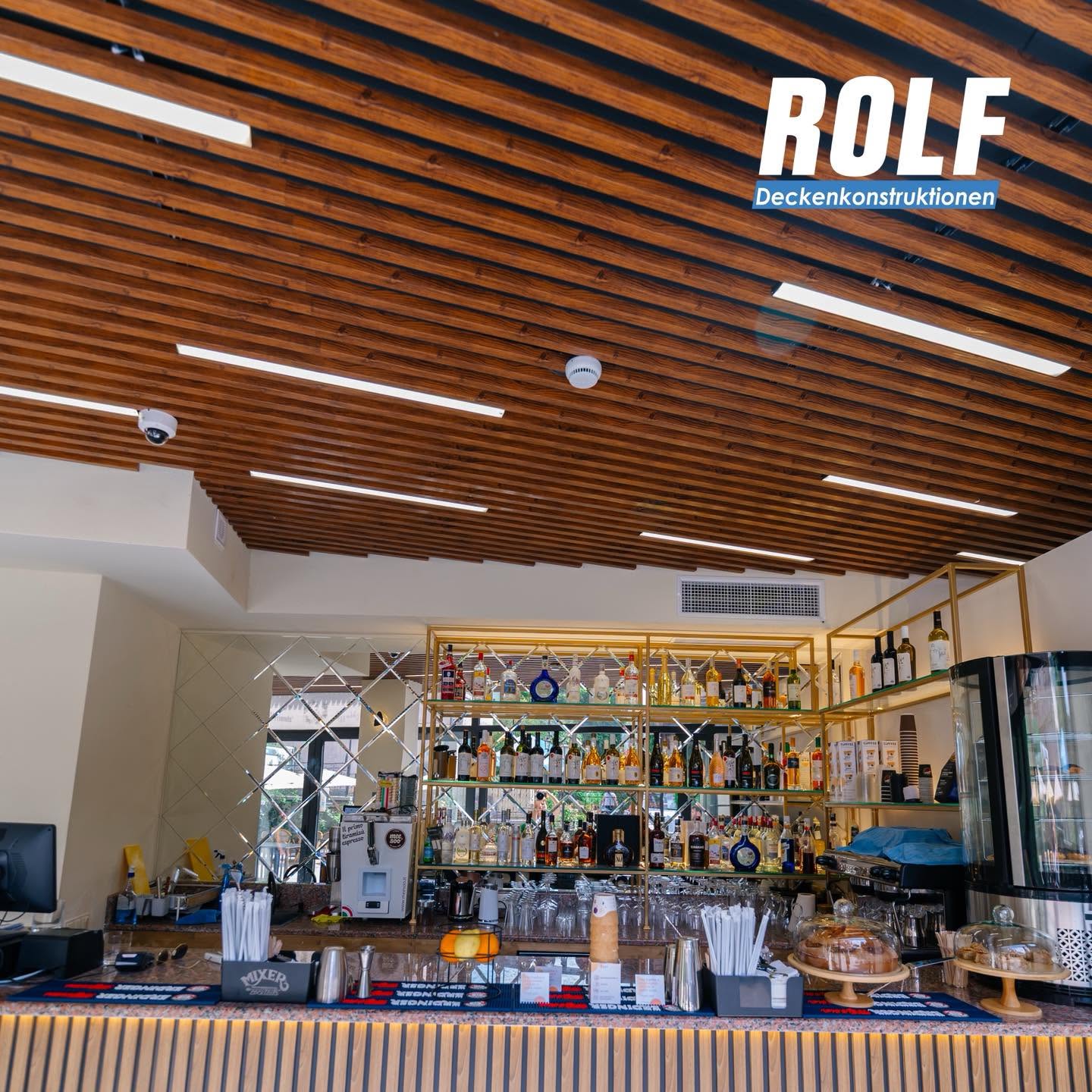 ROLF baffle wood pattern ceiling at cafe at friends