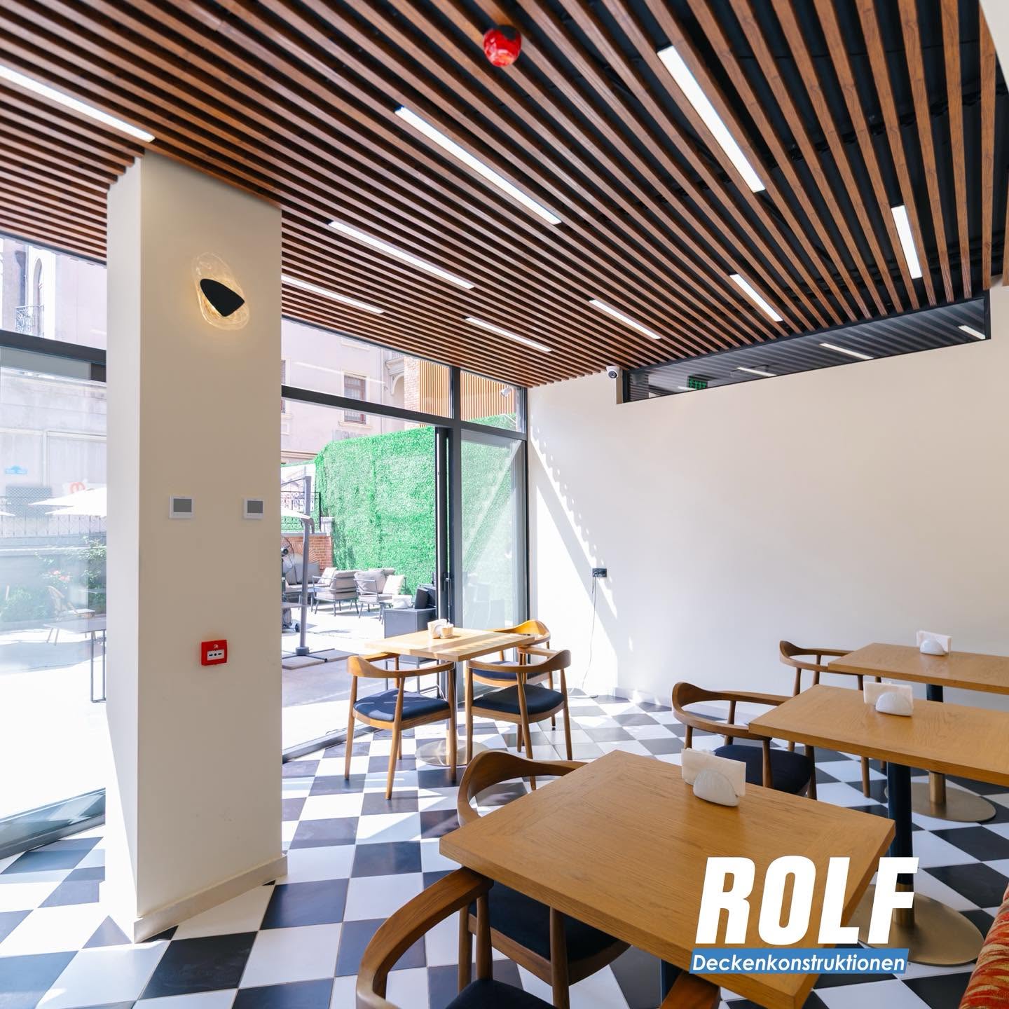 ROLF baffle wood pattern ceiling at cafe at friends
